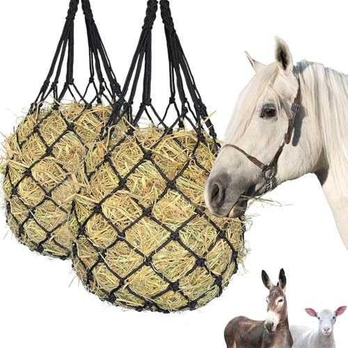 2 Piezas Redes de Heno para Caballos, Malla Fina de 5x5 cm para Alimentación Lenta, Portátil Red Heno para Cabras, Reduce el Desperdicio para Caballos, Cabras y Ponis