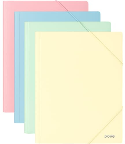 Dohe - A4+ Mappar med Gummiband och Klaffar (4 st.) | Storlek 23,5x32 cm, Pastellfärger: Blå, Rosa, Gul och Grön, Tillverkade i Hård och Slitstark Plast 600 Mikron, Skolmaterial
