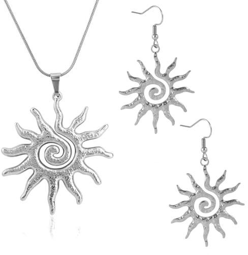 Mikovivi Silver-Tone Sunburst Jewelry Set for Women, Trendy Sunburst Pendant Charm Necklace & Dangle Drop Earrings Holiday Prom Gifts