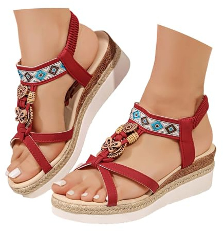 Women's Sandals Womens Summer Wedge Sandals Orthopaedic Boho T-Bar Glitter Sandalettes Comfortable Soft Sole Beach Holiday Shoes Strap Heeled Sandals Outdoor Walking Wide Fit Ladies
