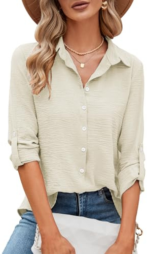 Odosalii Women Tops, Blouses for Women UK, Collared V Neck Long Sleeve Button Down Shirts, Business Casual Outfits Work Office Clothes Attire Cream Fall Fashion 2026 Beige Size 18-20