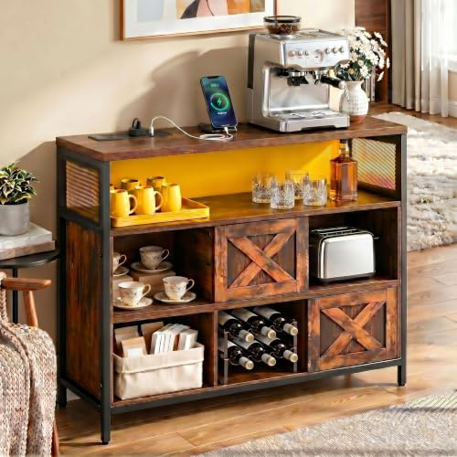 YITAHOME Sideboard with Power Outlets and LED Lights Storage Cabinet | TV Unit Drinks Cupboard Storage with Sliding Barn Doors, Coffee Bar with USB Ports for Living Room Kitchen, 35x100x80cm
