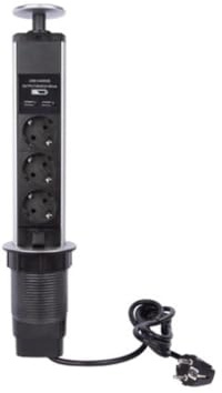 Perel Pop-up inbyggt grenuttag med 2 Schuko-uttag och 2 USB-portar, 71 mm monteringshål, 1,4 m kabel, 3 680 W, perfekt för kök, kontor och konferensbord