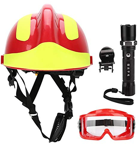 Casque de sécurité, Casques de sécurité de Sauvetage Professionnels, Casque de Protection Anti-Incendie pour Pompier avec Lampe Frontale et Lunettes de Protection (Rouge)
