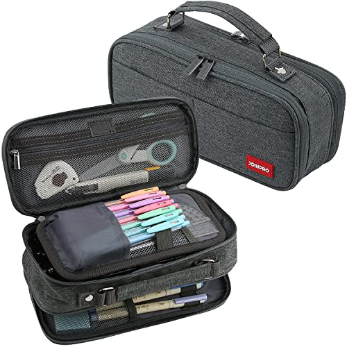 JOINPRO Large Capacity Pencil Case, 4 Compartment Pen Pouch Organizer with Double Zipper, Storage Bag for School, Office, Teen Girl Boy Men Women (Black Grey)