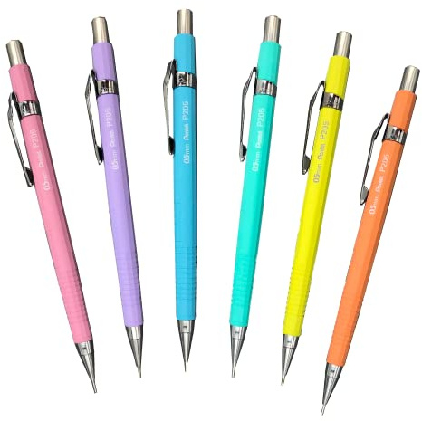 Pentel P200-serien tekniska blyertspennor pastellsortiment, 0,5 mm, set med 12 st blandade kroppsfärger (2 blå, 2 grön, 2 rosa, 2 lila, 2 orange, 2 gul)