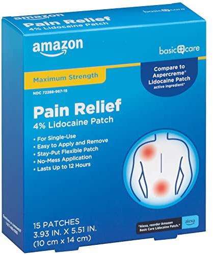 Amazon Basic Care Maximum Strength OTC Pain Relief , 4% Lidocaine Patch, 3.9” x 5.5”, 15-Count Box (Previously HealthWise)