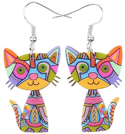 NEWEI Boucles D'Oreilles Pendantes En Acrylique Pour Chat Assis Bijoux De Fantaisie Pour Femme Charmes (Arc-En-Ciel)