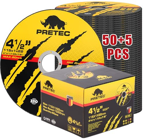 Cut Off Wheels 4-1/2, PRETEC 50+5 Pack Metal Cutting Wheel,Thin 4.5” Metal & Stainless Steel Fast Cutting Discs for Angle Grinder - 7/8 Arbor Hole