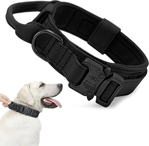 Taktisches Hundehalsband, Verstellbare Halsband Mit Kontrollgriff,Gepolstert Hund Halsband breit,Nylon Hundehalsband für Mittlere Große Hunde Training Jagd,mit Robuste Metallschnalle (L, Schwarz)