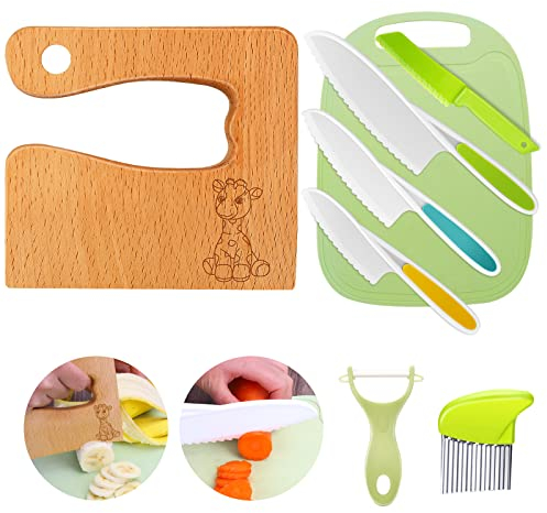 Goodchef Set di 8 coltelli da cucina per bambini, per tagliare e cucinare frutta o verdura, per bambini, di sicurezza, tagliere, pelapatate, coltello a partire dai 2 anni (giraffa)