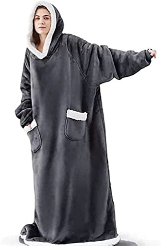 Seogva Extra Long Wearable Blanket Hoodie, Oversized Blanket Sweatshirt for Women and Men, Super Warm and Cozy Giant Hooded Blanket with Sleeves and Giant Pocket, Dark Grey
