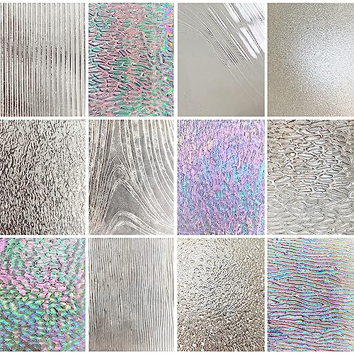ILLUCKAI 12 fogli di vetro colorato trasparente testurizzato, 10,2 x 15,2 cm, arcobaleno iridescente cattedrale, varietà di trame, forniture per vetri colorati e artigianato a mosaico