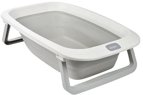 BÉABA, Baignoire Pliable bébé, Ultra Compacte, Pieds antidérapants, Design et tendance, Bouchon de vidange, Rangement Pratique, Encombrement minimal, Facile d'utilisation, Eazy Pop Camélé'O, 29L, Gris
