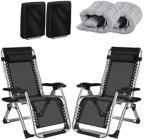 Fiutazge 2Pcs Sonnenliege Klappbar Mit Verstellbare Rückenlehne,Relaxliege mit Kissen,Kopfteil,GeträNkehalter und Liegestuhl Klappbar Abdeckung,Gartenliege für Patio,Balkon,Strand,Camping-Grau