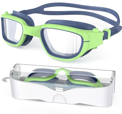 Zeligerstar Kids Swim Goggles,Swimming Goggles for Kids 6-14, Anti-Fog UV Protection Pool Glasses for Boys Girls (Navy/Green+Clear Lens)