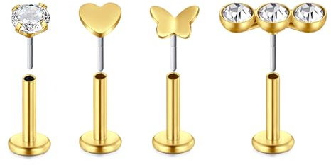 LAURITAMI 4 st nässtänger näsdubbar läppstänger rostfritt stål 18 g 20 g 6/8 mm tunn push in trgaus helix trådlösa labret piercing smycken, Rostfritt stål