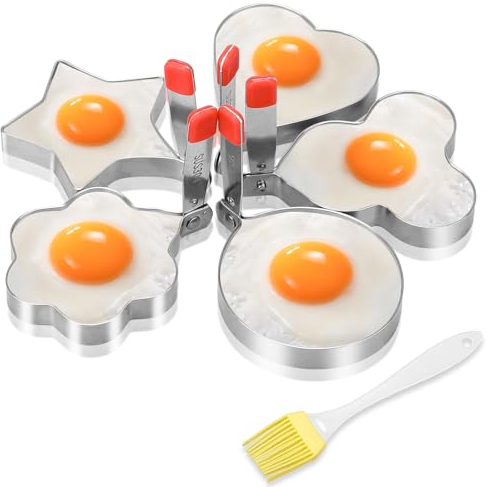 5 Stampi per Uova Fritte in Acciaio Inox - Forme di Cuore, Stella, Topo e Rotonda da 3,5 Pollici - per Uova in Padella e Pocotta - Con Spazzola per Olio