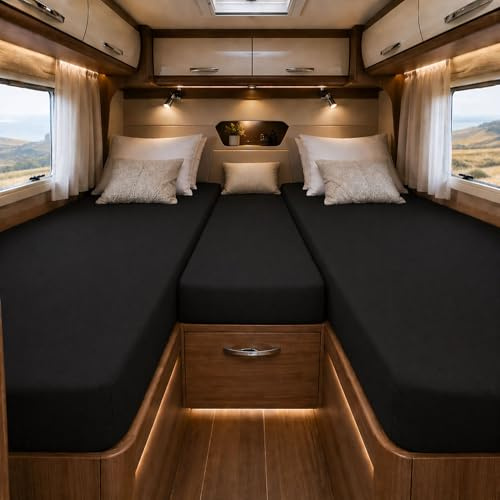 EXKLUSIV HEIMTEXTIL Lenzuolo con angoli elasticizzati in spugna per camper 3 pezzi 2 letti lunghi + 1 pezzo centrale 80% cotone, 20% poliestere Certificato Öko-Tex, qualità del marchio, altezza del