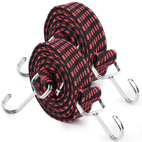 2 Pack Bungee Cords With Hooks,2M Adjustable Bungee Straps,Heavy Duty Flat Elastic Straps for Bicycles,Camping,Roof Racks,Luggage Rack(Reddish Black)