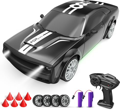 RC Drift Car 1:20 Coche Teledirigido 2,4 GHz 4WD Coche Teledirigido 20 KM/H Coche de Carreras Teledirigido con Faros de Trabajo, 2 baterías Recargables, Regalo para Adultos y niños (Negro)