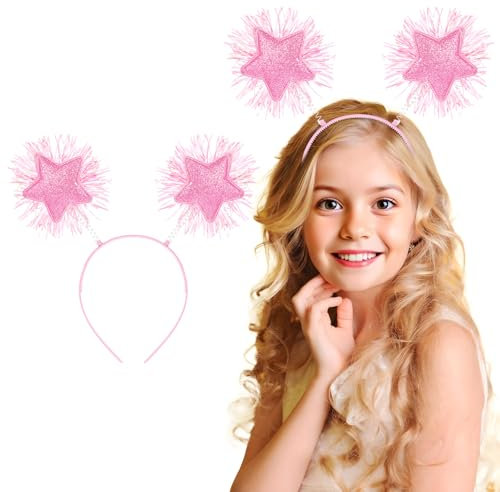 Dimeho Pompom Stirnband Folienstreifen Glitzerstern Modisch Flauschiger Ball Haarreif Weihnachten Haarband Party, Geburtstag, Cosplay, Haarschmuck für Damen (Rosa)