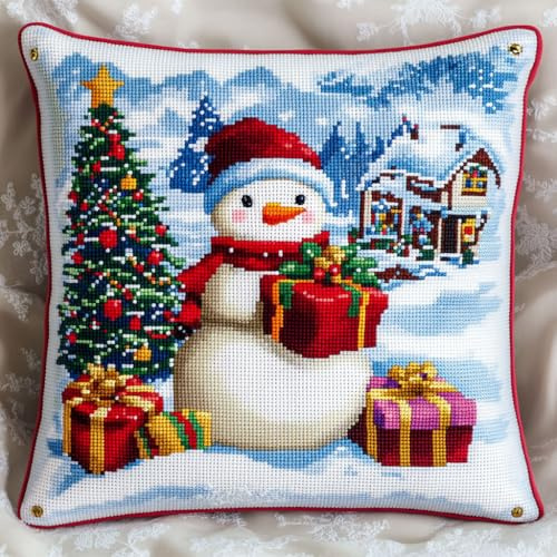 AMBATTERY Punto Croce Kit Da Ricamare, Albero di Natale e pupazzo di neve Punto Croce Cuscino Decorativo Kit Per Cuscino Ricamato 45x45cm Croce Cuscino Punto Croce con Ago da Ricamo e Filo da Ricamo