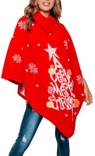 Party HuB dam en mycket god jul tryck pom pom stickad poncho damer jul stickad vinterkläder poncho varm sjal jumper, Röd, one size