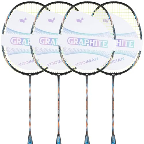YPyroblaze Graphite Badminton Racket Set - 4 Pre-Strung 6U Super Lightweight Racquets with Overgrips, 2 Durable Bags & Tapes | Graphite Frame & Shaft for Professional Outdoor & Gym Play (Almond)