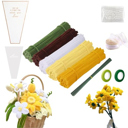 FINEVERNEK Girasol Limpiapipas Manualidades Ramo de Flores, 250 Piezas Limpiapipas Flores Manualidades Tallos de Chenilla 5 Colores, con Cinta Verde para Flores, para Regalos Artesanales
