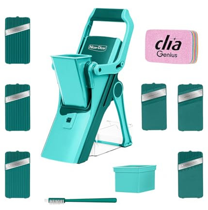Genius Nicer Dicer Mando Gemüseschneider inkl. Clia Rainbow Putzschwamm 13 tlg, Gemüsehobel spülmaschinenfest, 6 Klingen, Standhobel für Gemüse Obst, Vegetable Chopper Mandoline