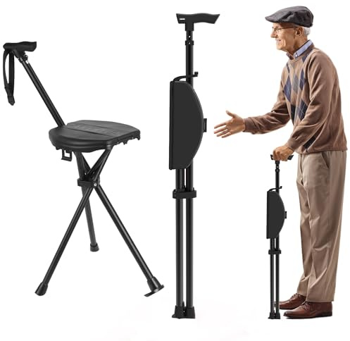 TAIWANBED Portable Folding Walking Stick Chair 2in1 - Adjustable Walking Stick &Seat with Non-removable Seat Cushion,up to 250kg,Lightweight Mobility Aid with Non-Slip Base & Carry Bag