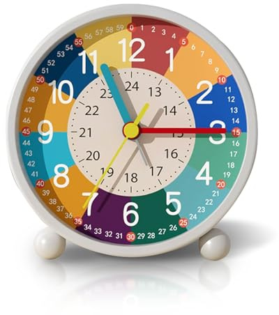 TOWEBOORY Kids Alarm Clock, No Ticking Silent Analogue Clock for Heavy Sleepers Rechargeable Alarm Clocks Bedside with Colorful Dial 12/24 Hour Mode for Boys Girls Learning Time