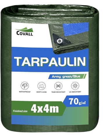COVALL Telone plastica antipioggia 4x4m, 70g/㎡ telo impermeabile esterno multifunzionale con protezione UV verde/blu, adatto per coperture protettive per auto, coperture antipioggia per esterni