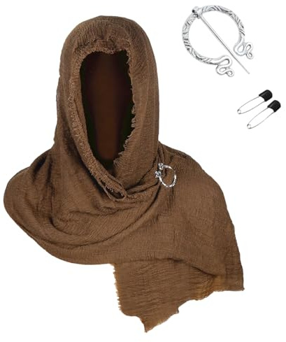 Générique Écharpe médiévale Cosplay Costume Renaissance Cape à capuche Désert Foulard à capuche avec broche viking Costume médiéval Costume Renaissance Cape Accessoires