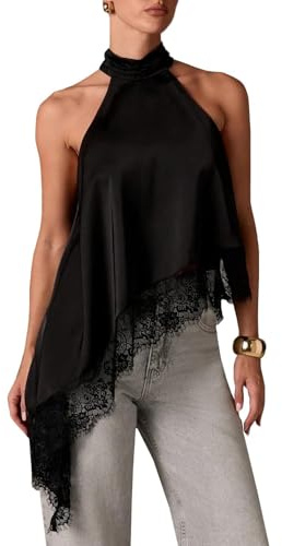 Generisch Camiseta sin mangas de satén estilo Y2K con cuello alto, cuello halter y ribete de encaje, elegante top asimétrico alto y bajo, Negro , XXL