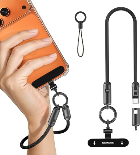 MoKo Cinturino da Polso per Telefono 2-in-1 con Cavo USB-C, Cavo di Ricarica Rapida USB-C a USB-C PD 240W, Laccetto Antifurto con Gancio in Metallo 360° per iPhone 17/16/15, Tablet, Laptop, Nero