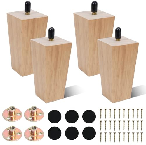 COEWUR 4 Pcs Patas para Muebles de Madera 10 cm Patas de Madera para Muebles Cuadradas Macizas Patás de sofá de Repuesto con placa de montaje,almohadilla antideslizante,tornillo,para mesa,cama,Armario