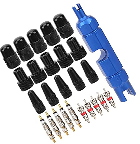 RASTKY Set di Nuclei di Valvole da 26 Pezzi con di Tenuta Incorporato, Adattatore per Nuclei di Valvole Americane e Francesi Adatto per Biciclette e Automobili - Set di Strumenti per di da 5