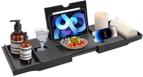 Badkarshylla bambu utbyggbar, badkarsbricka utdragbar med hållare för bok surfplatta mobiltelefon glas och ljus, badkarsbro badkarshylla badrum Caddy bricka för badkar spa badrum