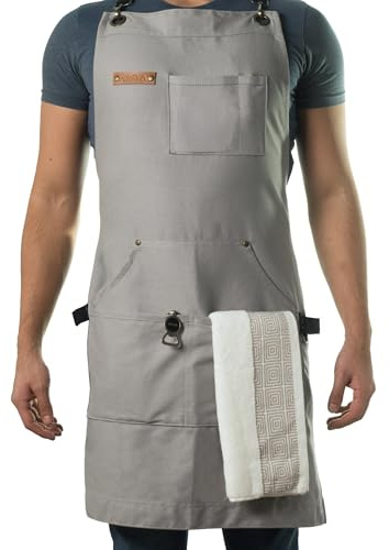 Asaya Chef & BBQ Apron with Pockets - Cross Back Canvas Cooking Apron for Women and Men, Adjustable Work & Grilling Aprons with Pocket, Bottle Opener and Hand Towel, 10oz Cotton Canvas (Grey)