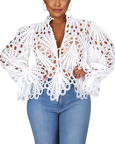 Doweha Women’s Sexy Ruffle Long Sleeve Summer Lace Tops 2026 Puff Flare Shirt V Neck Hollow Out Button Down Going Out Blouses White M