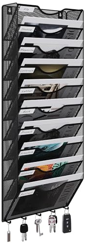 EasyPAG 10 Fächer Metall A4 Zeitschriften Wandhalter Zeitschriftenhalter Wand Aktenablage Dokumentenhalter Magazin Wandhalterung Post Organizer Prospektspender Flyerhalter Hängend mit 5 Haken,Schwarz