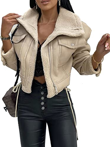 HAHAEMMA Veste en fausse fourrure Sherpa doublée hiver chaud manteau long revers manches longues fermeture éclair Outwear avec poches, Beige, M