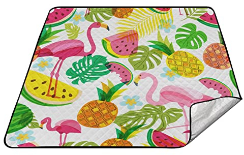Sanddichte Picknickdecke, gepolstert, Picknickdecke mit Stauraum für den Außenbereich, tropisch, rosa Flamingo