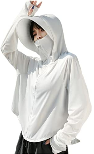 kiobrvhe Women's Sun Protective Jacket Full Zip UPF 50+ UV Sun Protection Clothing Lightweight Long Sleeve Hoodie Sun Shirt (White)