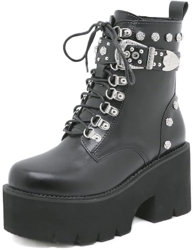Botas de Combate con Tachuelas y Cordones de Plataforma para Mujer,Botines góticos con Cadena de Charol de Moda,Cremallera Sexy con Hebillas Botas de Motocicleta Punk,5 Black,40.5 EU