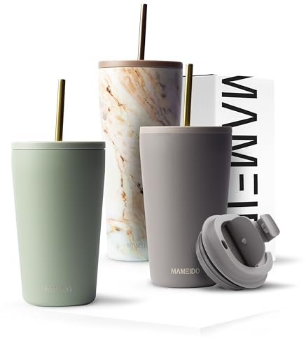 MAMEIDO Thermobecher mit Strohhalm 470 ml, Trinkbecher mit Deckel und Strohhalm aus Edelstahl doppelwandig isoliert, auslaufsicher, Coffee to go Becher (Desert Sage)