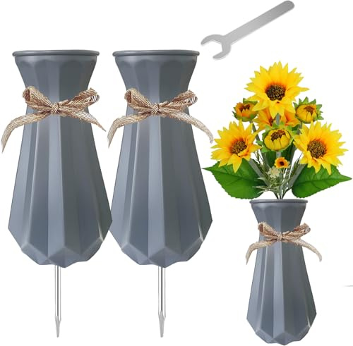 2PCS Cemetery Vases for Grave-Durable Plastic Grave Vases Flower Holder with Metal Spikes Bow Decor for Cemetery Headstones, Outdoor Grave Decorations for Memorial Gifts for Loss of Loved One - Grey