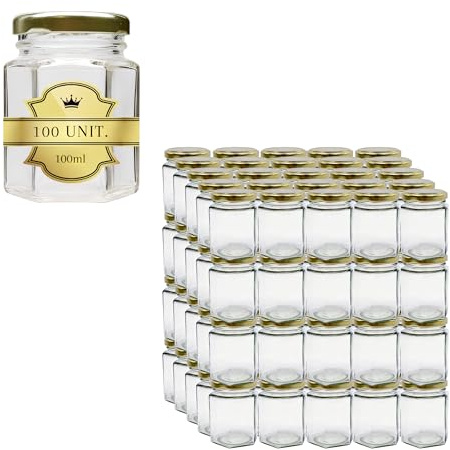 100 x Vaso di miele esagonale con coperchio, 100 ml, mini barattoli, ideale per la conservazione del miele, marmellata, spezie, yogurt- regalo per ospiti matrimonio, bomboniere e baby shower